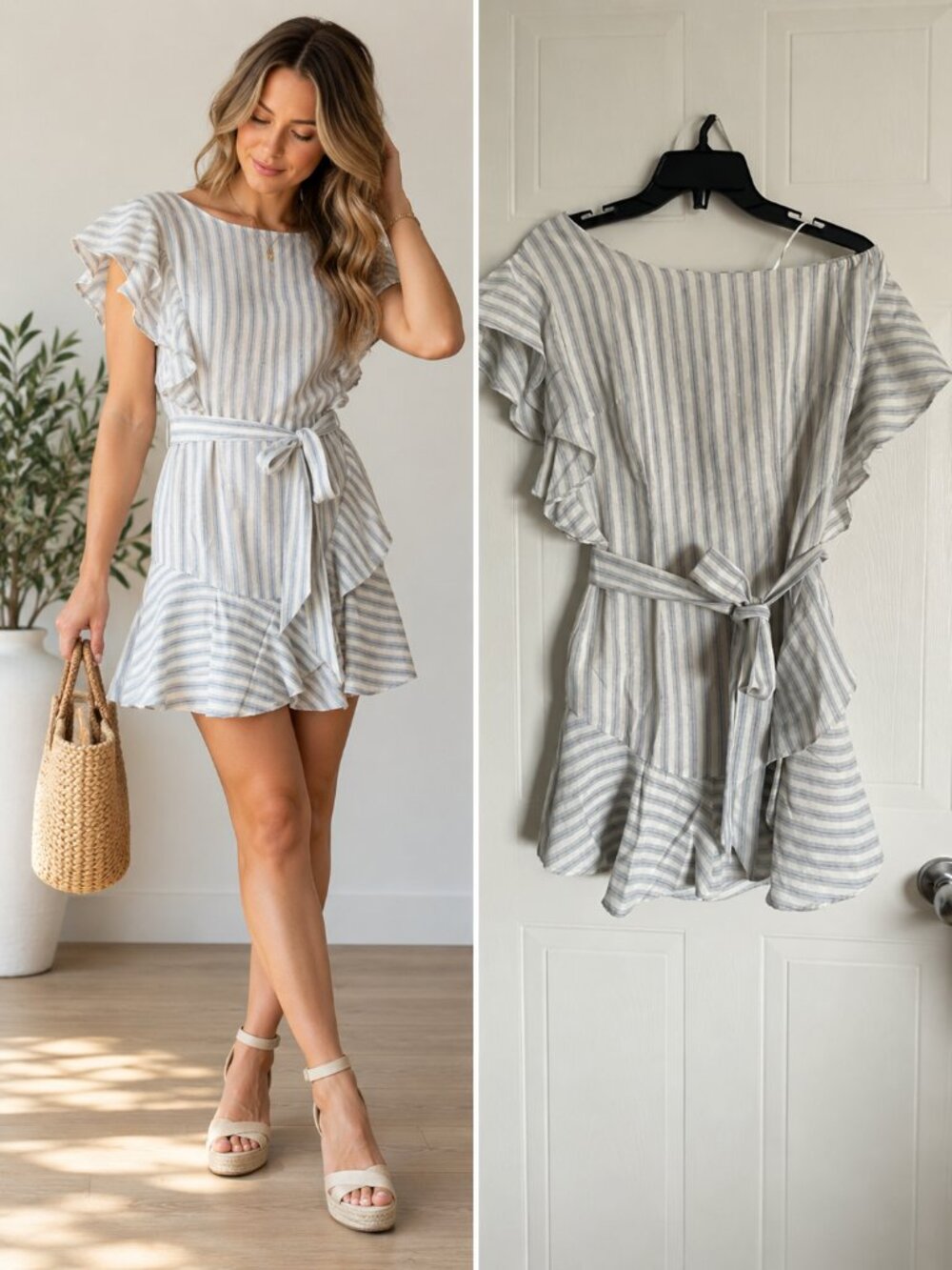 Heartloom Blue White Stripe Asymmetric Flutter Sleeve Mini Dress Coastal Boho XS